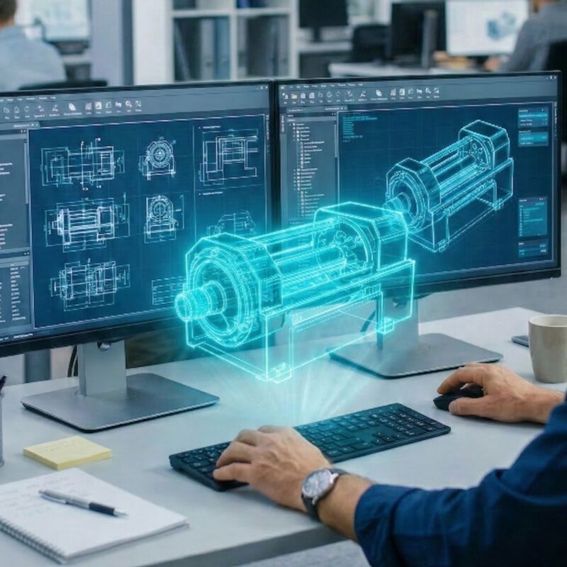 ingeniero trabajando en diseño de producto industrial optimizado para fabricación